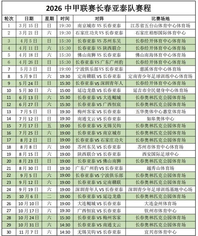 2026中甲赛程公布 长春亚泰3月15日客战南京开启新赛季